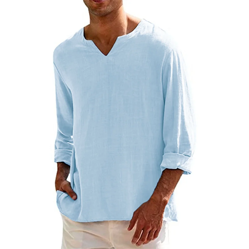 Cotton Linen Long Sleeve T-shirt for Men Spring Autumn New Breathable Solid Color Casaul Tops V-neck Basic Style Tees