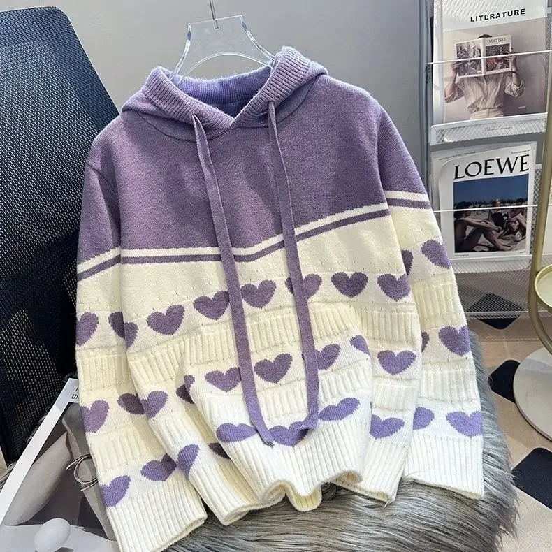 Gagaok 2024 Autumn Pullover Sweaters Women Heart Jacquard Knitted Pull Femme Casual Hooded Color Matching Warm Sweater Top