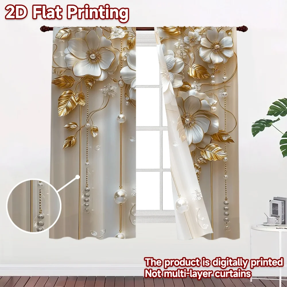2D flat 2pcs Curtain French Romantic Style White Gold Floral Pearls Durable polyester fiber Holiday Decorations Perfect for