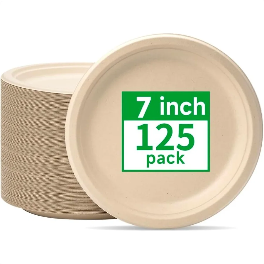 

Compostable Paper Plates 7 Inch [125 Pack] Biodegradable Heavy Duty Paper Plates Made of Natural Sugarcane Fibers Unbleached B