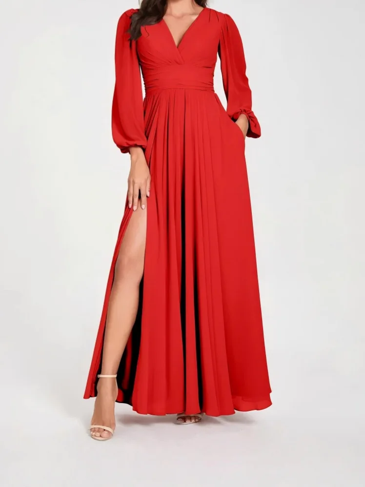 Vestido sofisticado vestido assimétrico profundo, elegante, plissado, volumoso, chiffon, romântico, até o chão