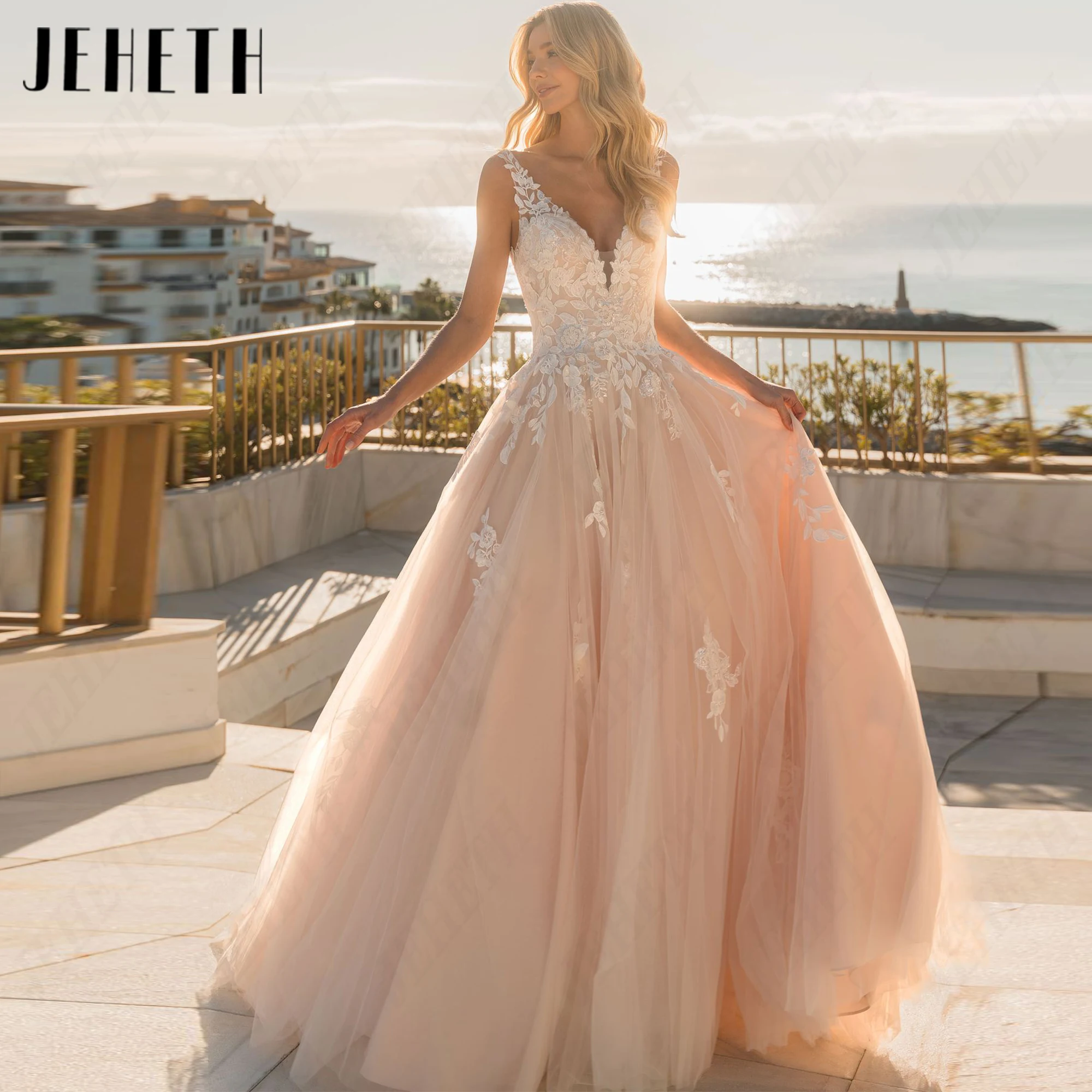 JEHETH Illusion Spaghetti Straps Bride Gown Personalized Lace Appliques Wedding Dress  A‑Line Tulle Romantic Bridal Gowns