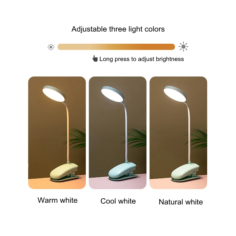 Rechargeable Led Clamp Desk Lamp Reading Light 3-Level Warm Cool White Flexible Easy Clip Lamp Read Night Reading Lamp in Bed