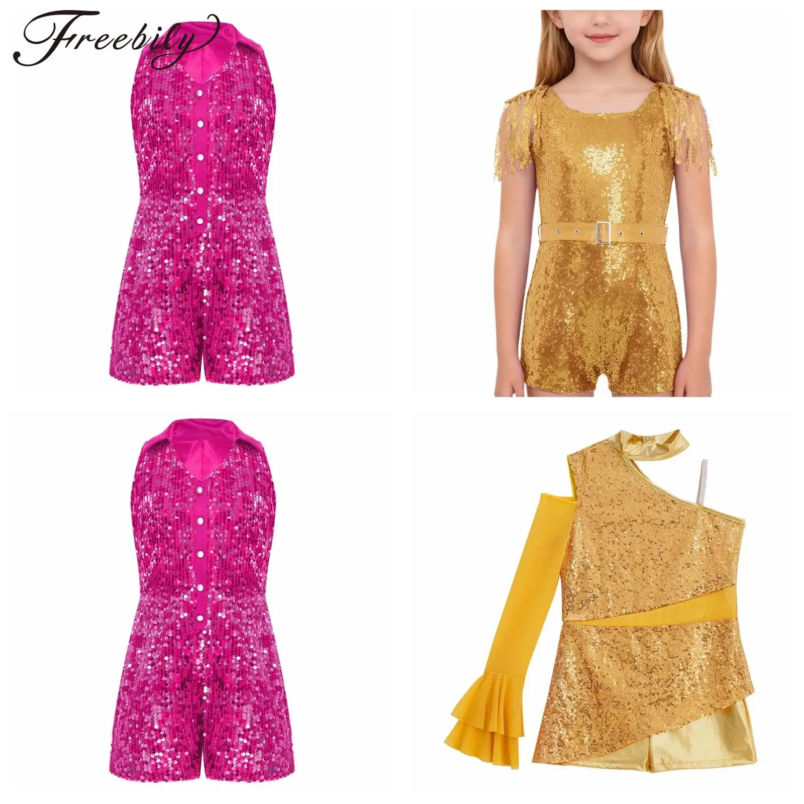 Girls Shiny Sequins Jazz Dance Costume Unitard Kids Fashion Short Rompers Bodysuit Jumpsuit Party Prom Cha-Cha Performance Wear