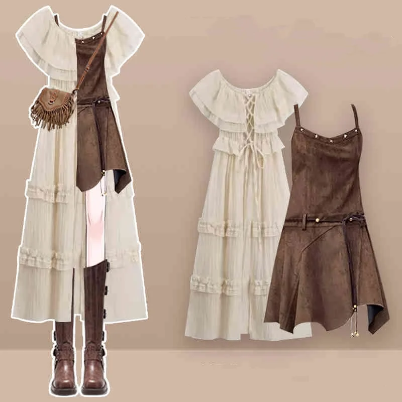 2025 Summer New Fashion Long Bandage Shirt Denim Sleeveless Dresses Two Piece Set Women Top Sling Dress Outfit Streetwear Female