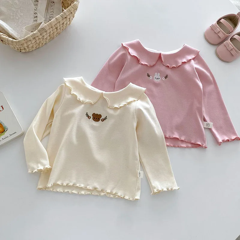 2024 New Autumn Baby Blouse Toddler Cute Embroidery Fitting Bunny Undershirt Kids Girls Bear Outwear Bottoming Shirt