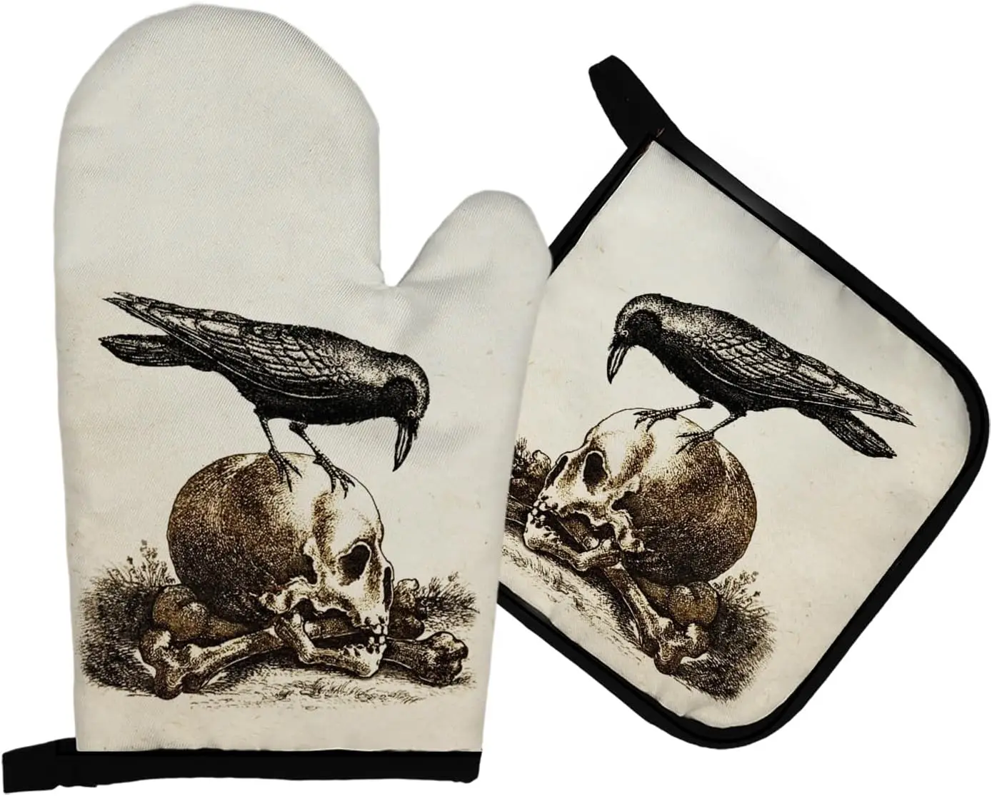 Raven Skull Halloween Oven Mitts and Pot Holders Sets, Goth Raven Heat Resistant Potholder Kitchen Decor for Cooking Baking
