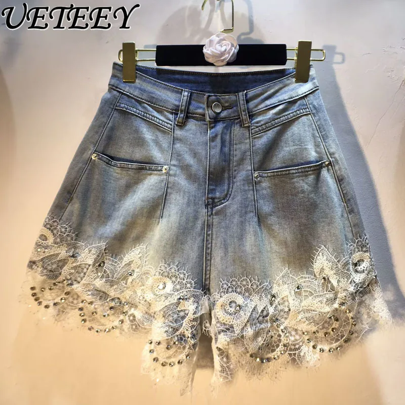 

2025 Summer New Heavy Industry Diamond-encrusted Lace Splicing Shorts High Waist Thin Elastic Denim Short Pants for Women