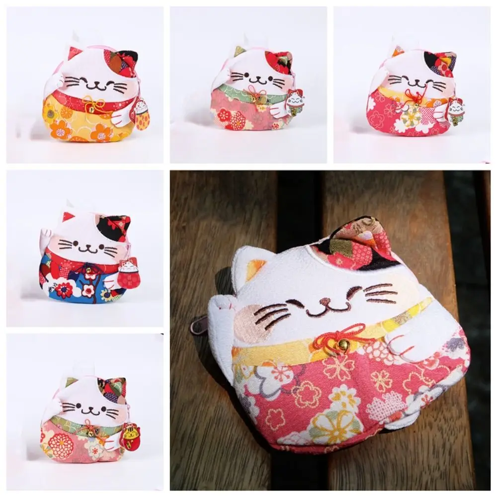 Simple Japanese Style Maneki Neko Coin Purse Flower Printing Zipper Lucky Cat Clutch Bag Wallets Storage Bag Card Holder Outdoor