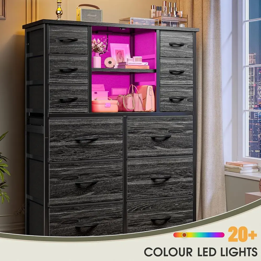 Estação de carregamento para quarto DAFIFY e cômoda com luz LED, grande corredor/sala de estar, entrada, estrutura de metal, cômoda e baú preto, 50.6