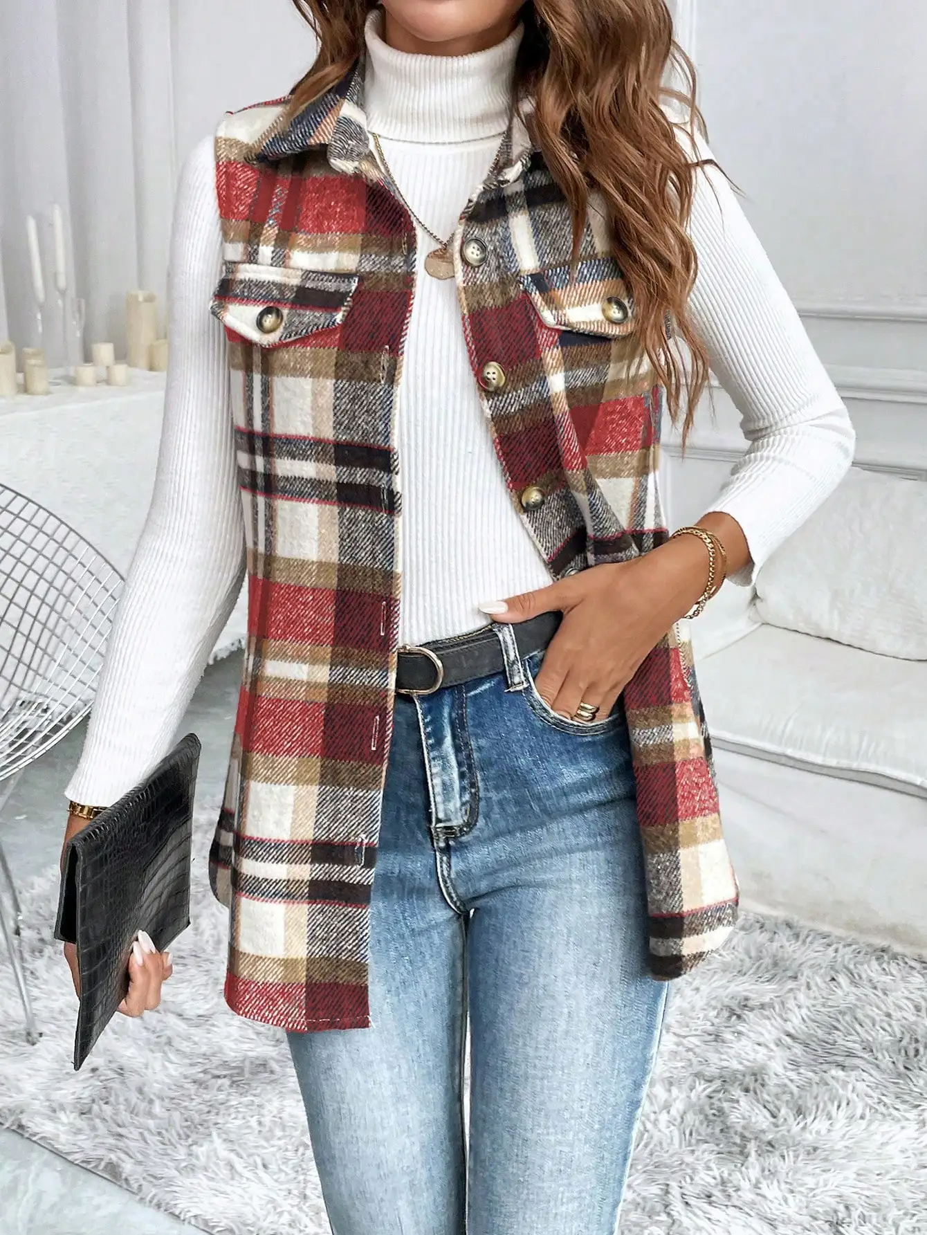 

Plaid Collar Sleeveless Vest Jacket for Women, Casual Daily Wear