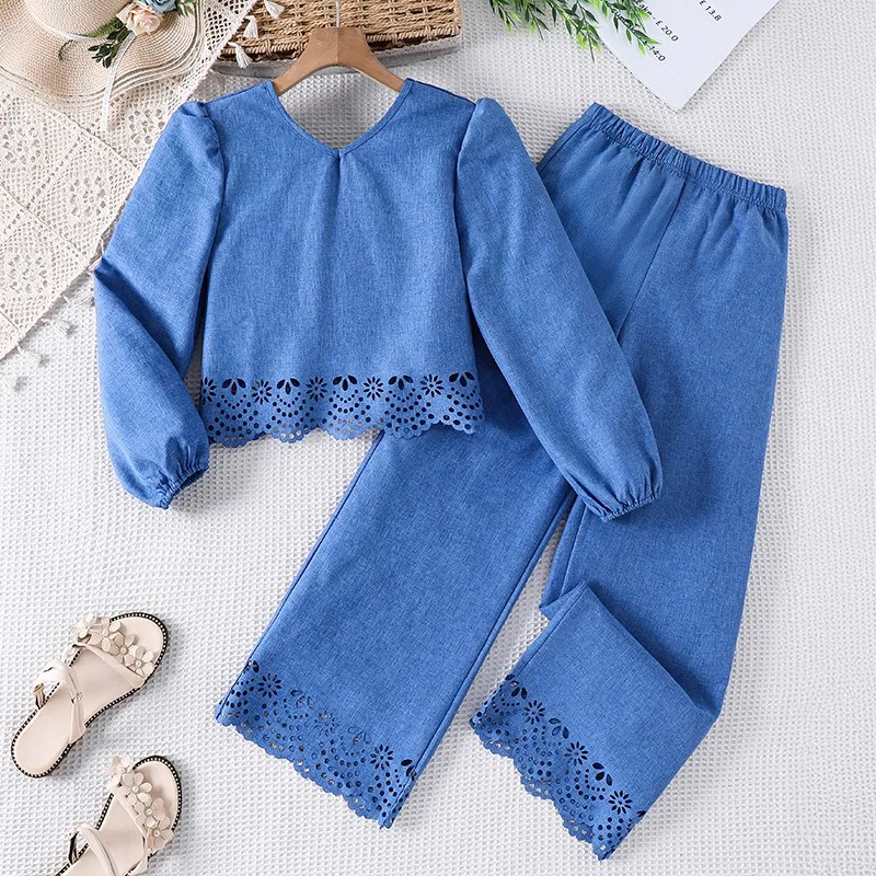 Girls Sweet Bow Decor 2 Pcs Set Puff Sleeve V-neck Cutout Hem Blouse Elastic Waist Lace Wide Leg Autumn Kids Casual Outfit