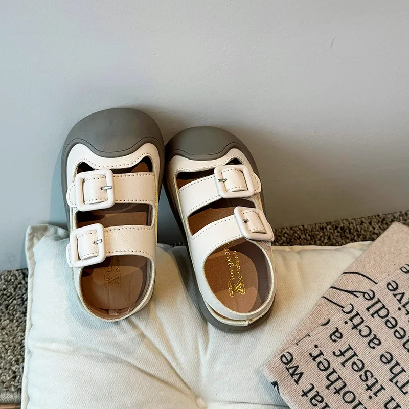 Fashion Belt Buckle Sandals for Kids Baotou Hollow Beach Shoes Children Soft Sole Non-slip Sport Sandals Boys Girls Size 23-33