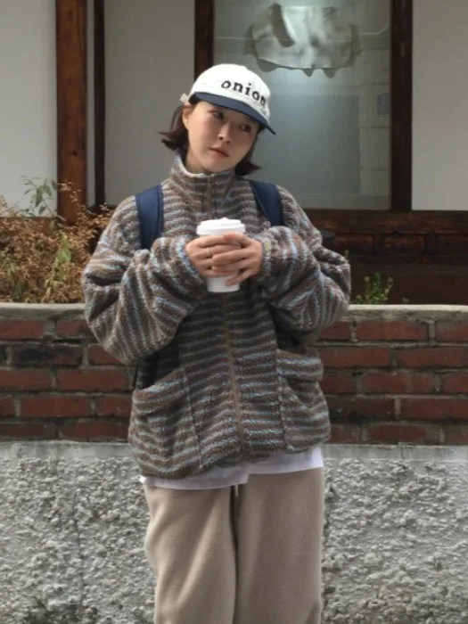 

Chic Stripe Lamb Fur Cotton Jaet Women's Warm Outerwear Winter Design Sense Cotton Clothes Age-Defng College Sle