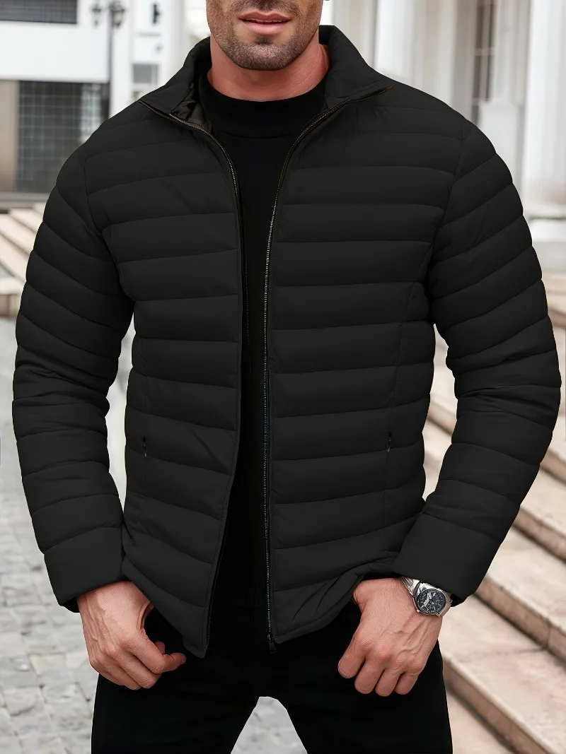 

Men's Winter Windproof Jacket with Zippered Pockets, Stand Collar & Loose Fit - Polyester-Filled Thermal Coat for Outdoor