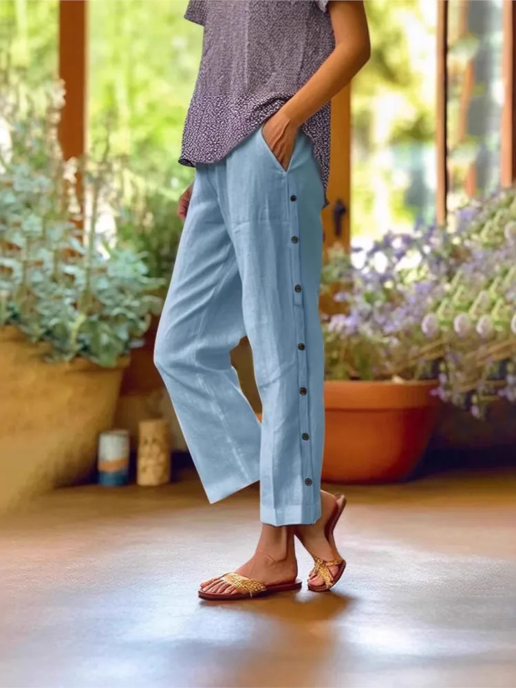 カジュアルソリッド足首までの長さのパンツ女性のファッションハイウエストボタンストレートパンツ女性の休日の婦人服春夏