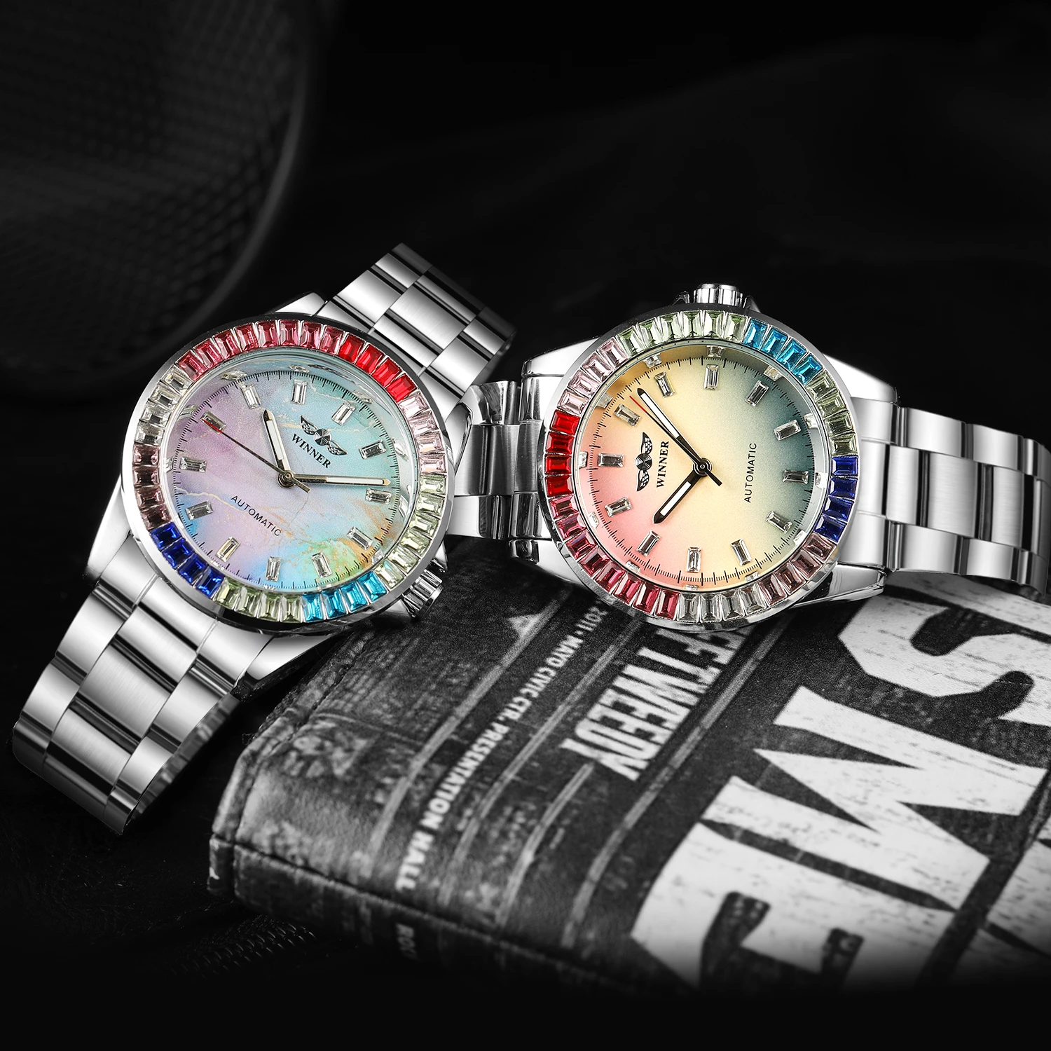 Luxury Brands WINNER Colored Diamonds Man Watch Automatic Movement Mechanical Clock Stainless Steel Waterproof Replica Watches