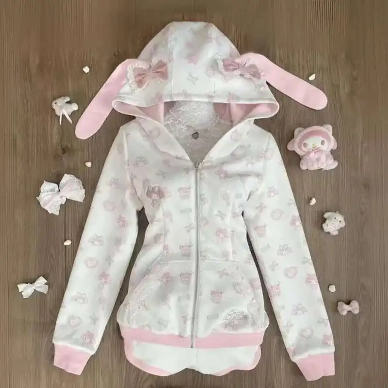 Sanrio Mymelody Kaninchen Ohr Japanische Mäntel Cartoon Gedruckt Süße Lange Hülse Hoodies Zipper