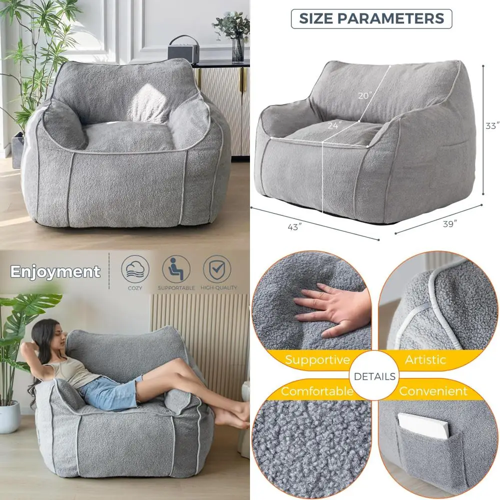 

Adults' Oversized Bean Bag Chair with Armrests, Plush Filled Living Room Furniture