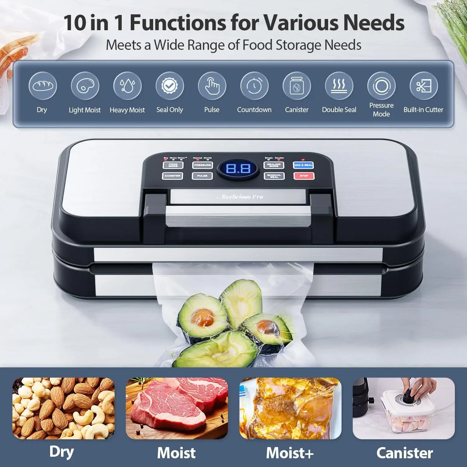 95Kpa Powerful Precision Pro Vacuum Sealer, with 10-in-1 Functions, Easy-Lock Handle, Double Heat Seal & Double Pump