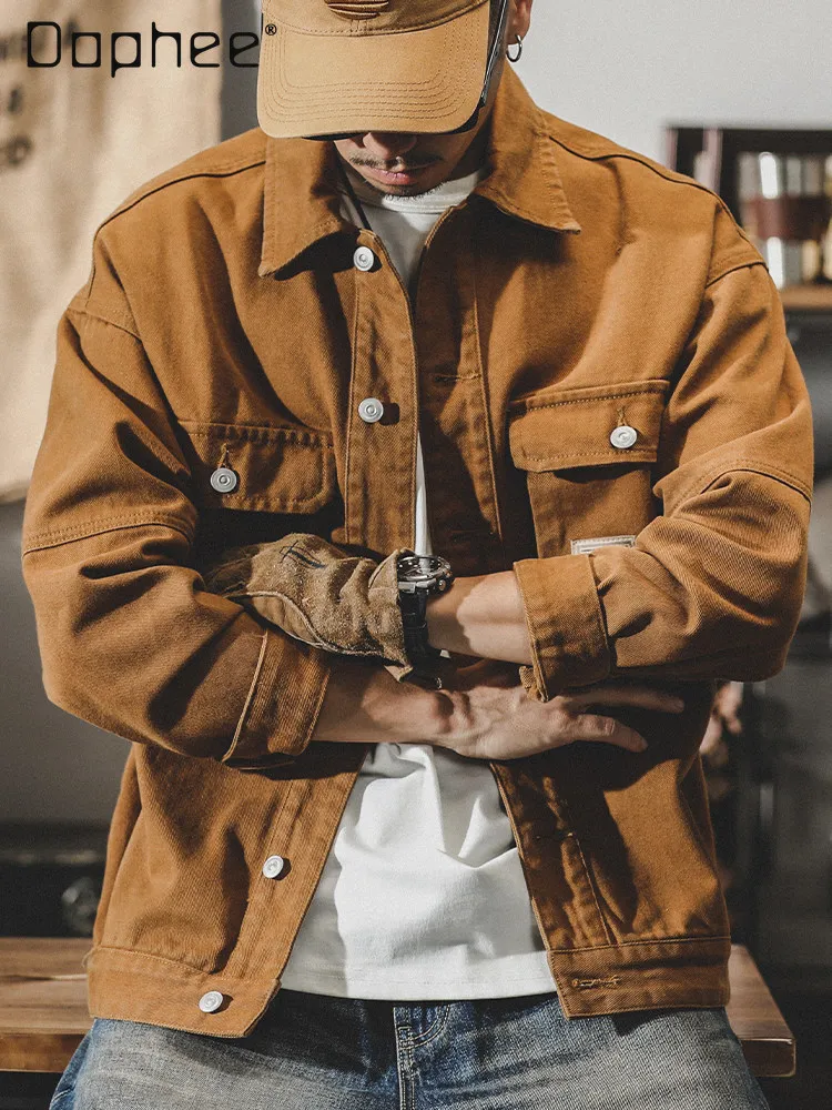 

Spring Autumn New American Retro Style Men Loose Casual Workwear Yellow Black Green Blue Denim Jacket Daily Outdoor Wear