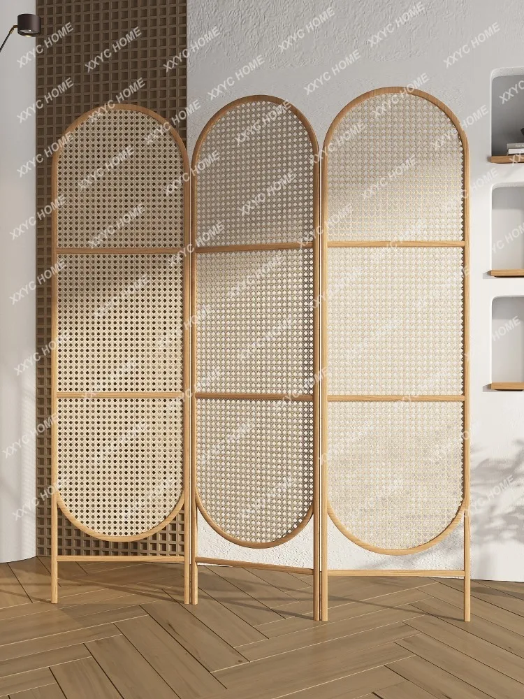 Solid Wood Rattan Woven Subareas Screens Living Room Dining Room Entrance Covering Mobile Folding Custom Accordion Partition