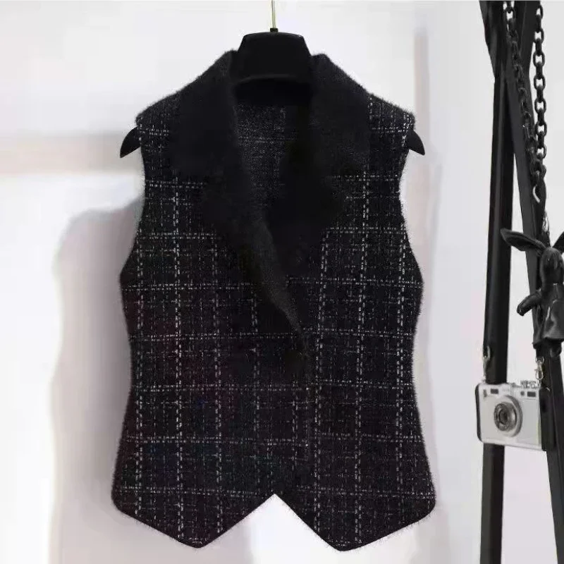 Woolen Notched Vests Women Autumn Outerwear All-match Sleeveless Temper Office Lady Plaid Korean Style Sashes Prevalent Casual