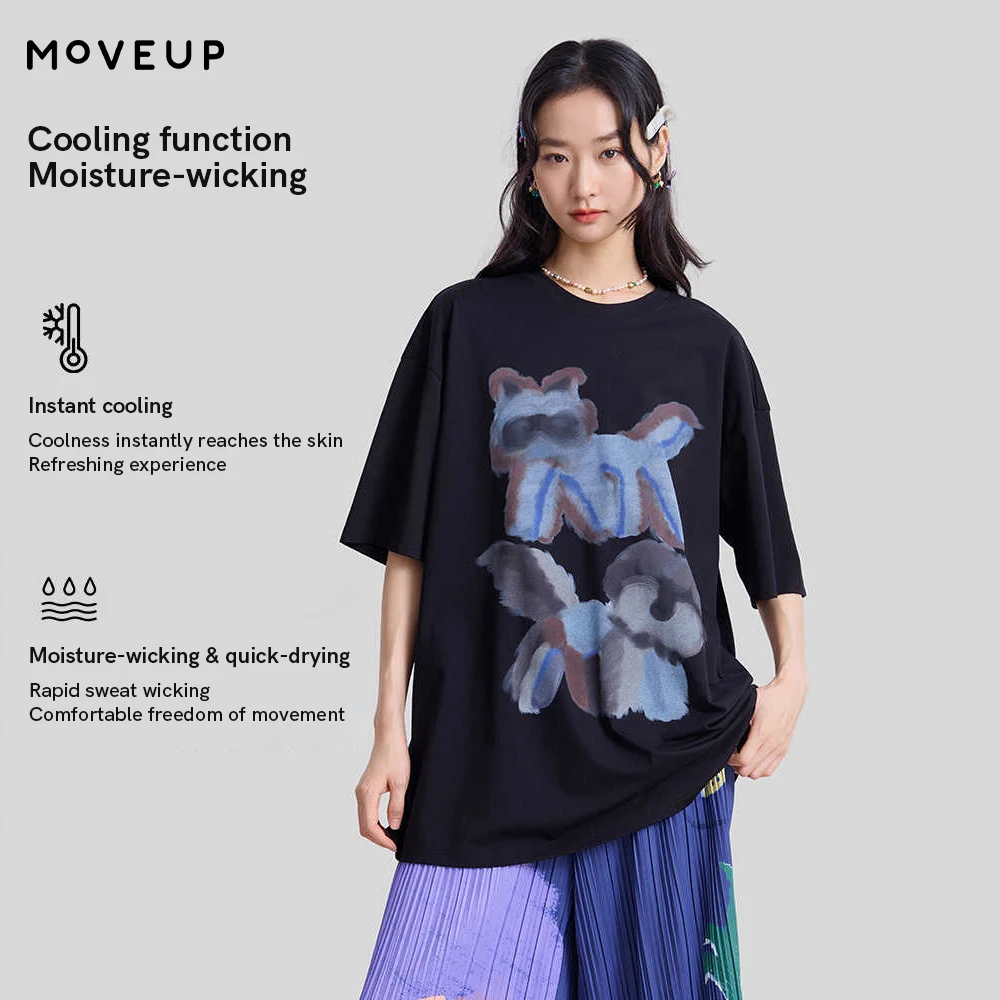 

Женская футболка MOVEUP 2026: Новинка Весны, черная, с художественным принтом животных, круглый вырез, оверсайз, повседневная, офисная, средней длины, модель 3ELC10545