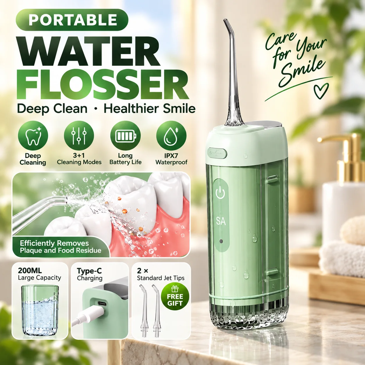 Portable Water Flosser 3+1 Cleaning Modes 200ML  Large Capacity Tank Cordless Water Flosser Oral Irrigator IPX7 Waterproof Type C Rechargeable Deep Cleaning Flosser For Home Travel And Daily Care