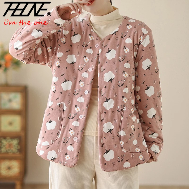 THHONE سترات شتوية سترات للنساء واحدة الصدر مبطن القطن الدافئة خمر طباعة الأزهار طويلة الأكمام معطف فضفاض ملابس خارجية