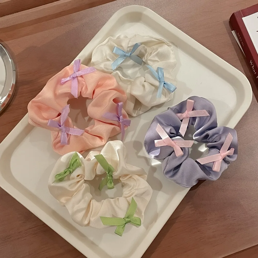 Pure Color Bow Pleated Hair Scrunchies Korean Style Elastic Satin Hair Rope Washable Hair Ties Hair Loop Daily