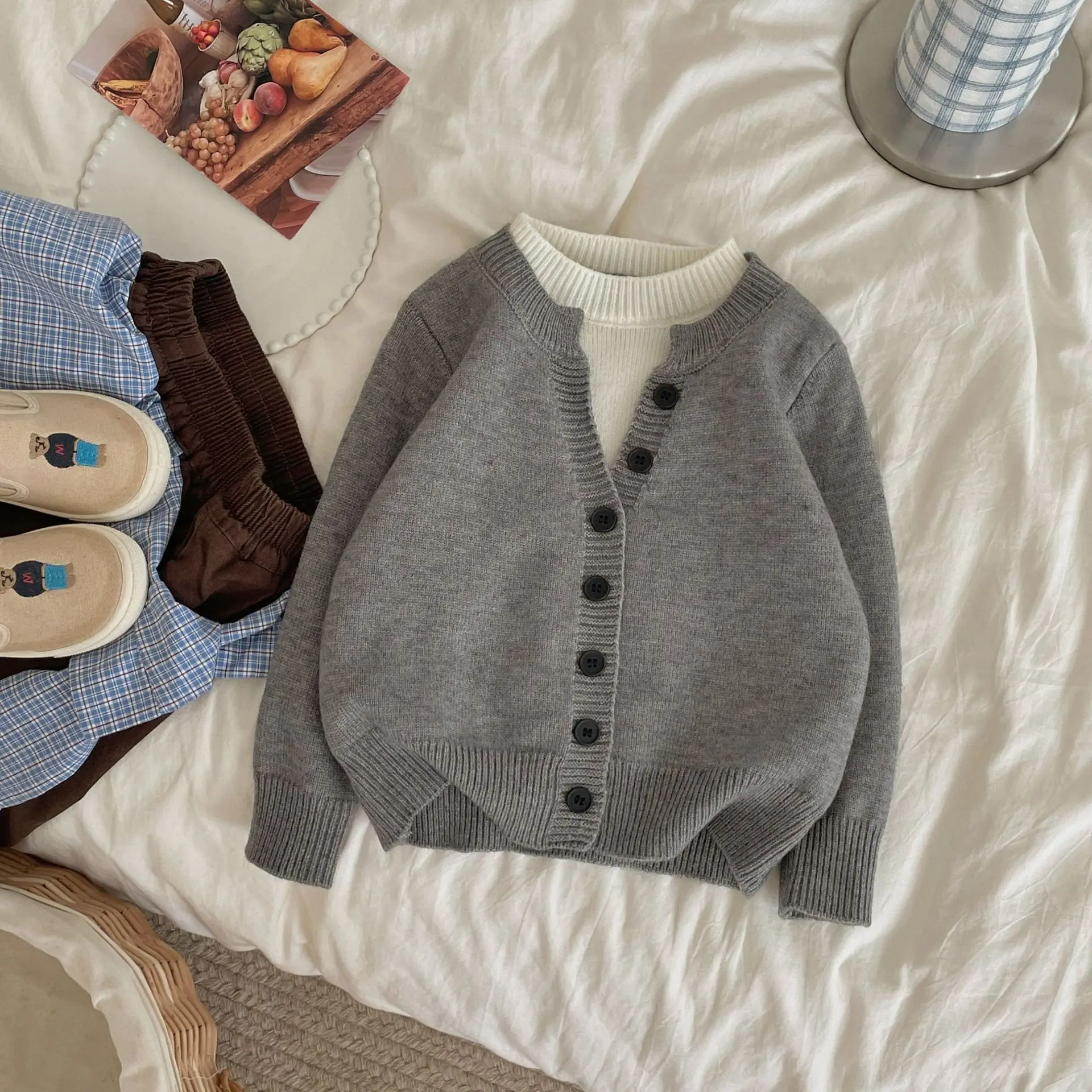 Spring Autumn Boys Sweater Patchwork False Two-Piece Single-Breasted Woolen Cardigan For 2-10Years Kids Winter Knitted Coat