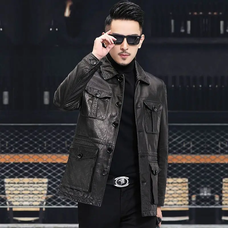 

Real Leather Jacket Men Sheepskin Fashion Multiple Pockets Hunting Outfit Casual Slim Motorcycle Genuine Leather Coat Male Lapel