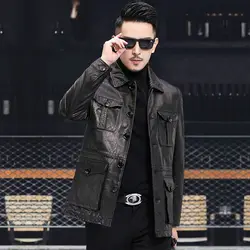Real Leather Jacket Men Sheepskin Fashion Multiple Pockets Hunting Outfit Casual Slim Motorcycle Genuine Leather Coat Male Lapel
