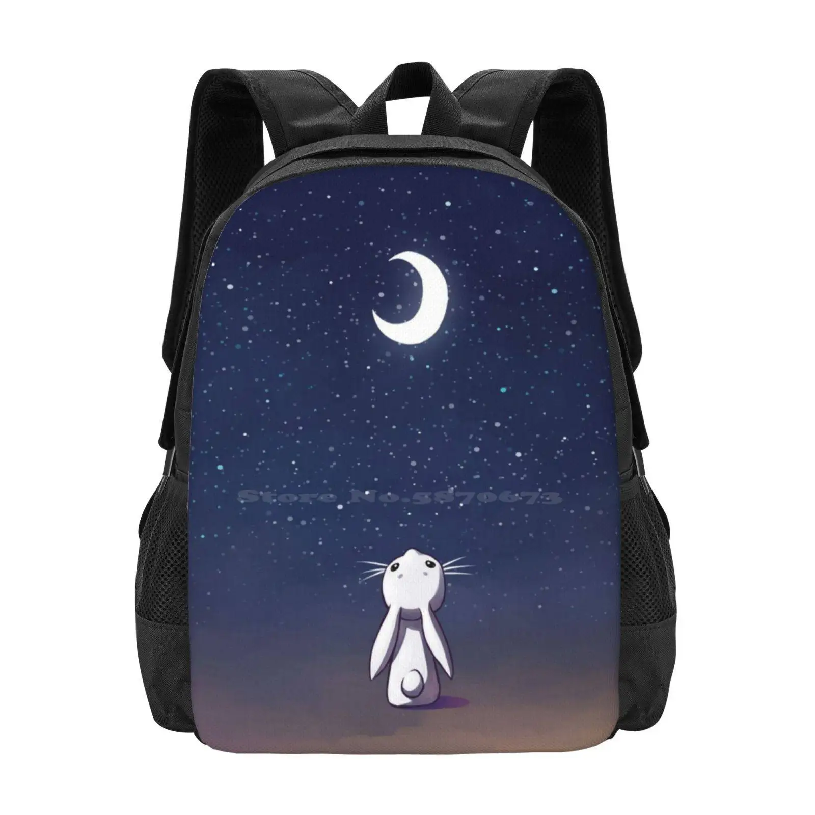 

Moon Bunny Teen College Student Backpack Pattern Design Bags Cute Little Bunny Rabbit Moon Stars Night Fantasy Animal Children