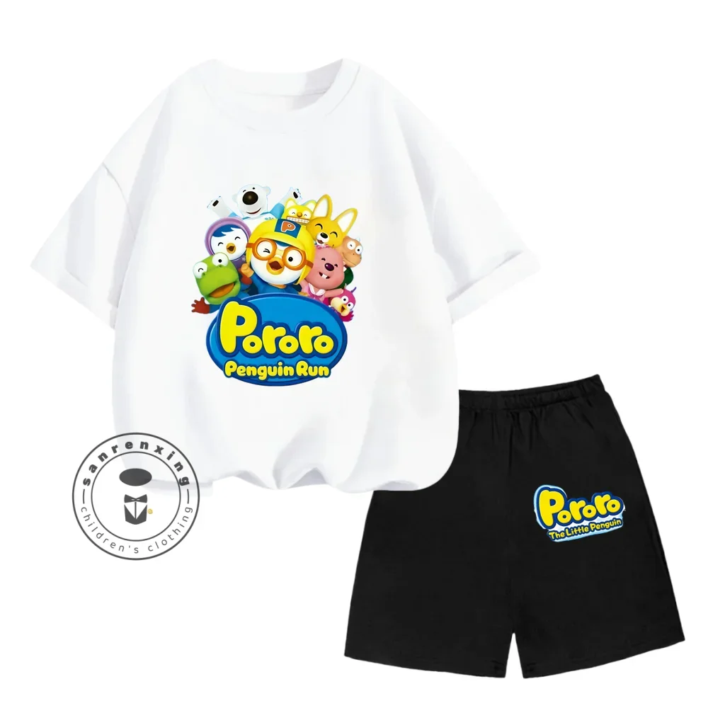 2024 estate calda Pororo coreano simpatico cartone animato stampa Design o-collo KawaiiT t-shirt + pantaloncini traspiranti larghi bambini Casual