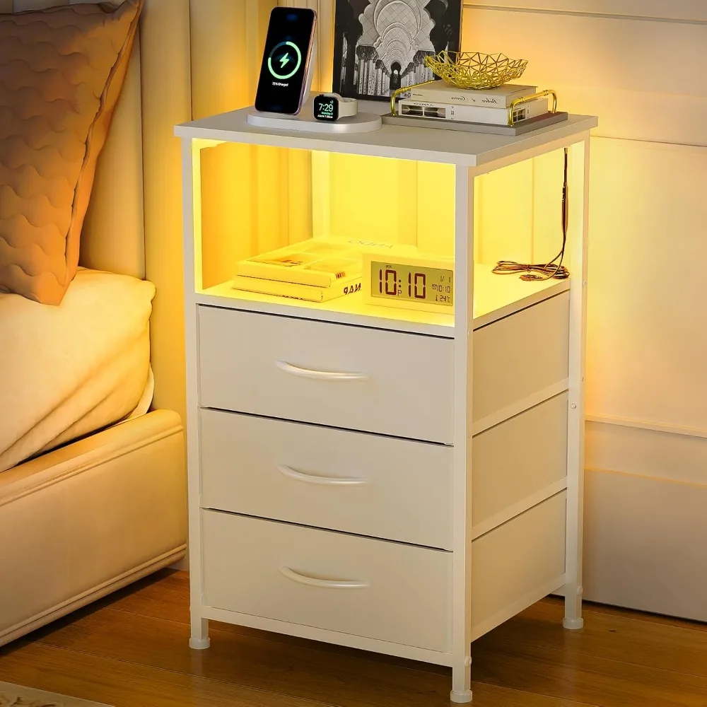 

Modern White Bedside Table with LED Light and 3 Fabric Drawers for Bedroom