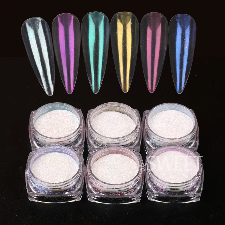 6pcs Mirror Glitter Pearl Nails Powder Manicure Aurora Rubbing Dust Moonlight Fairy Design Charm Chrome Pigment Decoration Flash