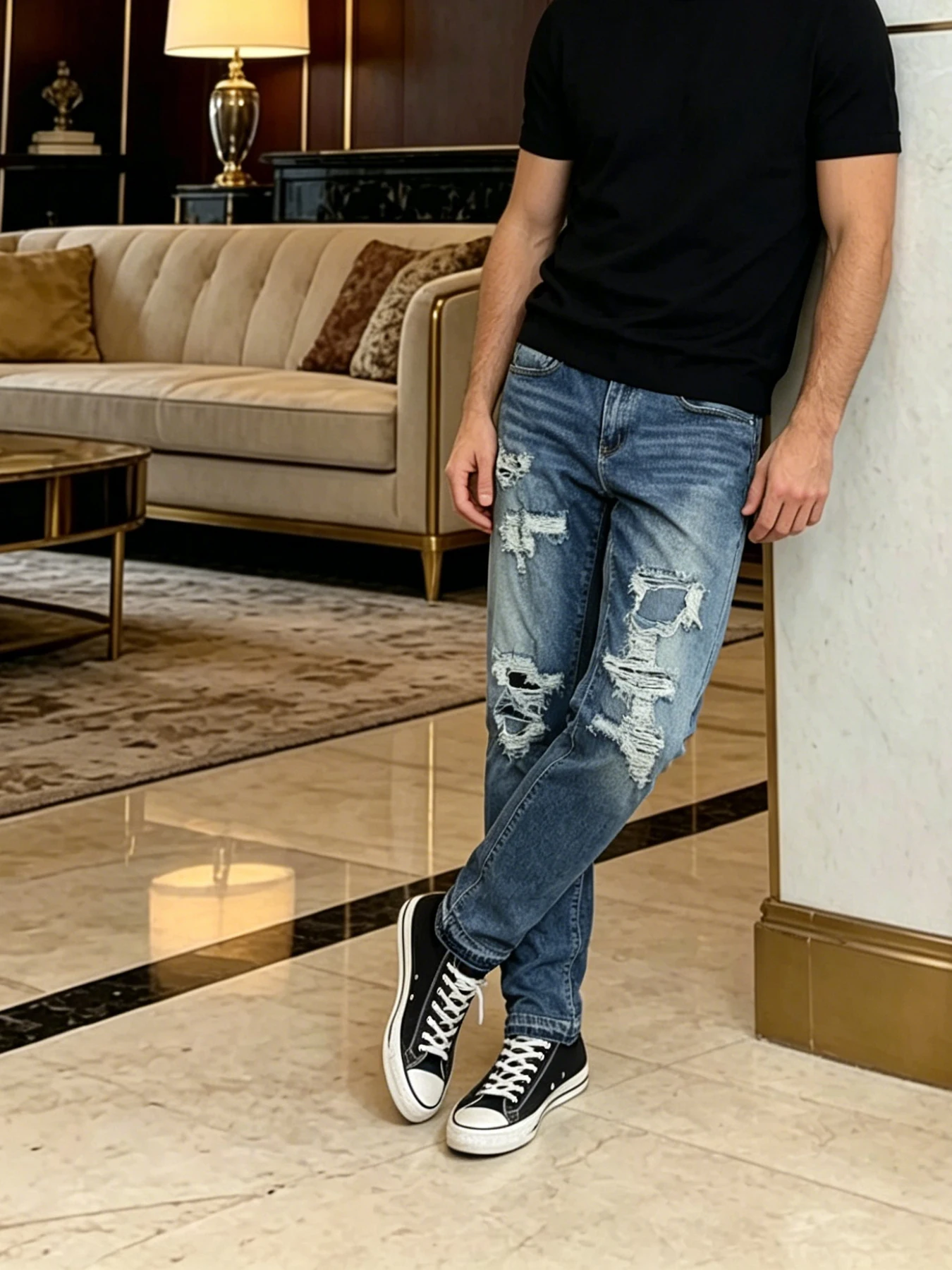 American-style High-street Heavy-duty Jeans with Large Distr