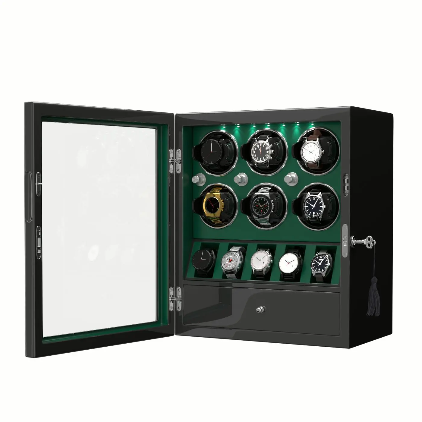 6 اللفافات ساعة للساعات التلقائي مع 5 حامل ساعة منظم صندوق تخزين LED ضوء-أخضر