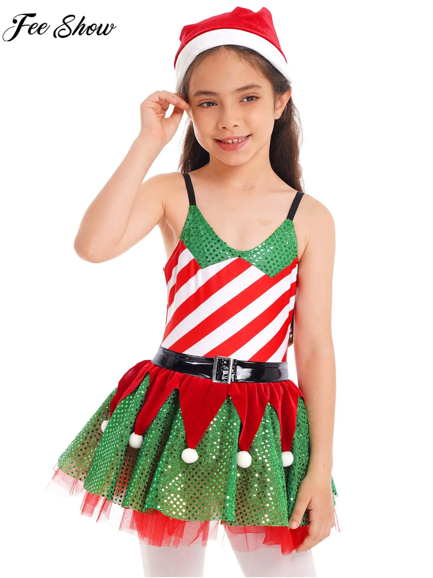 Girls Christmas Santa Claus Cosplay Costume Sleeveless Sequins Striped Leotard Tutu Dress with Belt and Hat for Xmas Theme Party