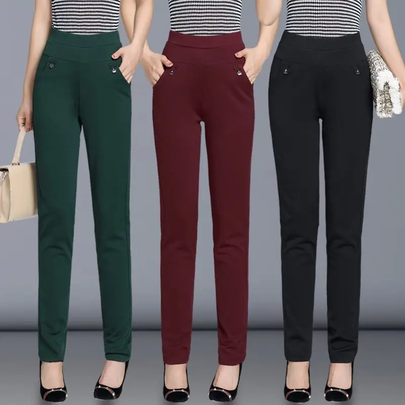 XL-6XL Middle-aged Mother Pants 2025 New Spring Autumn Casual Straight Pants Large Size High Waist Elasticity Female Trousers