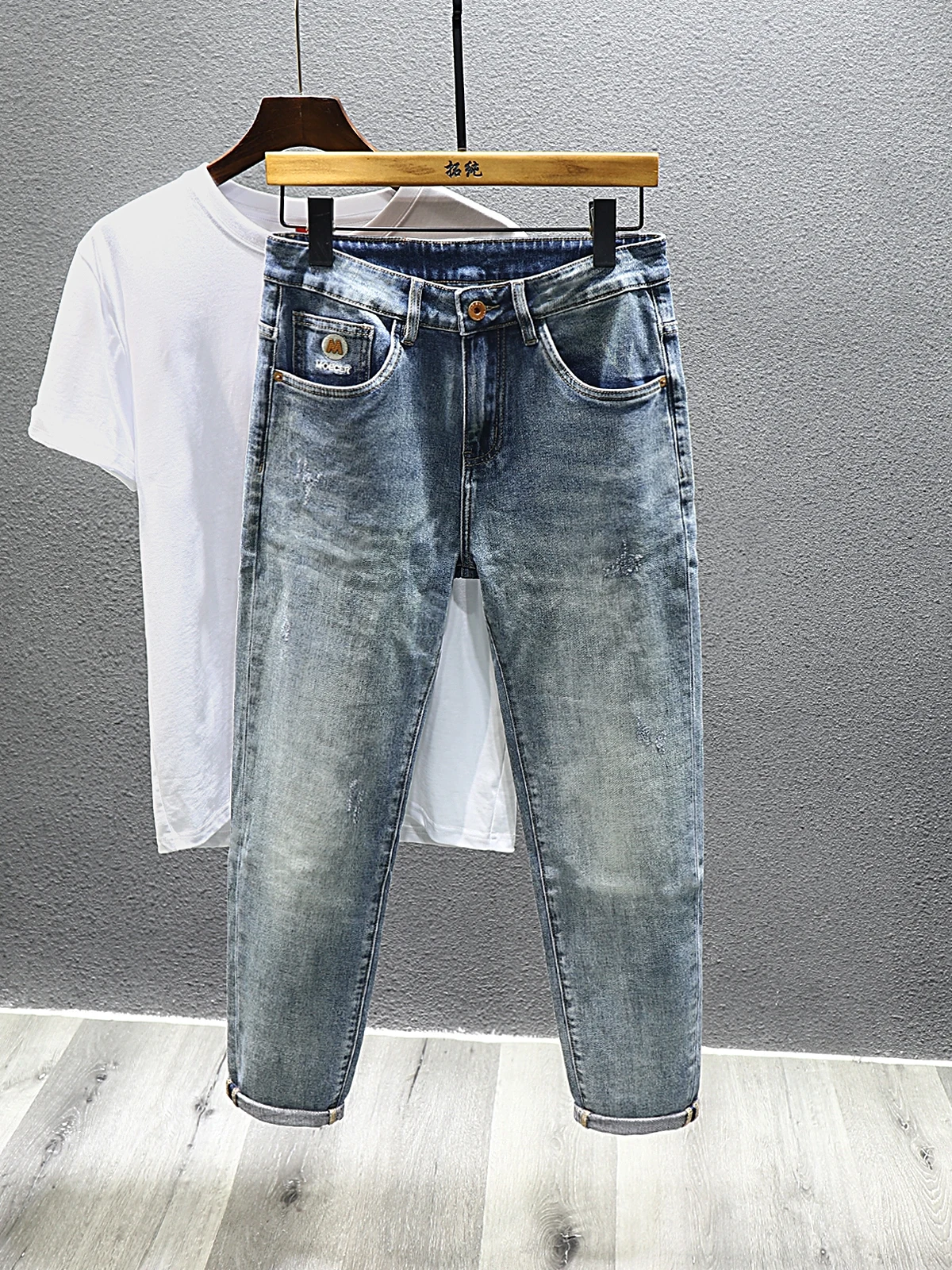 جينز دينم أمريكي عتيق للرجال 2024 جديد كلاسيكي عصري شارع العليا بسيط Waed جينز مرن مزيج من القطن والبوليستر بقصة ضيقة #2