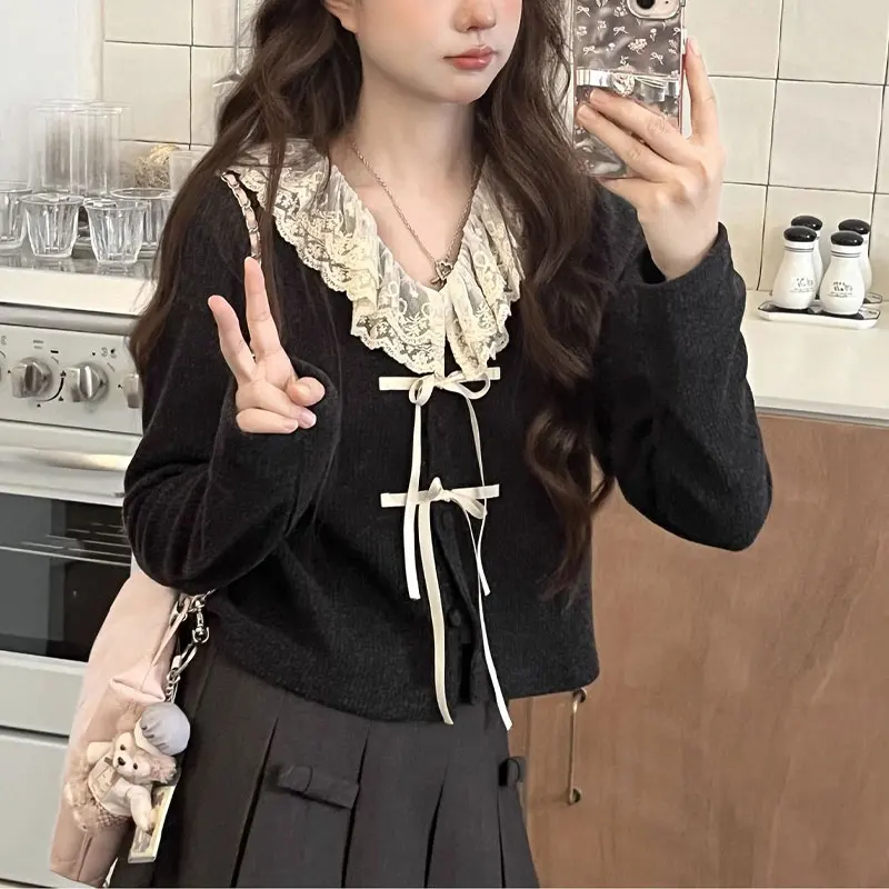 

Sweet Bow Lace Spliced Knitted Blouse Female Clothing Ruffled Neck Spring Autumn Long Sleeve Fashion Basic Single-breasted Shirt