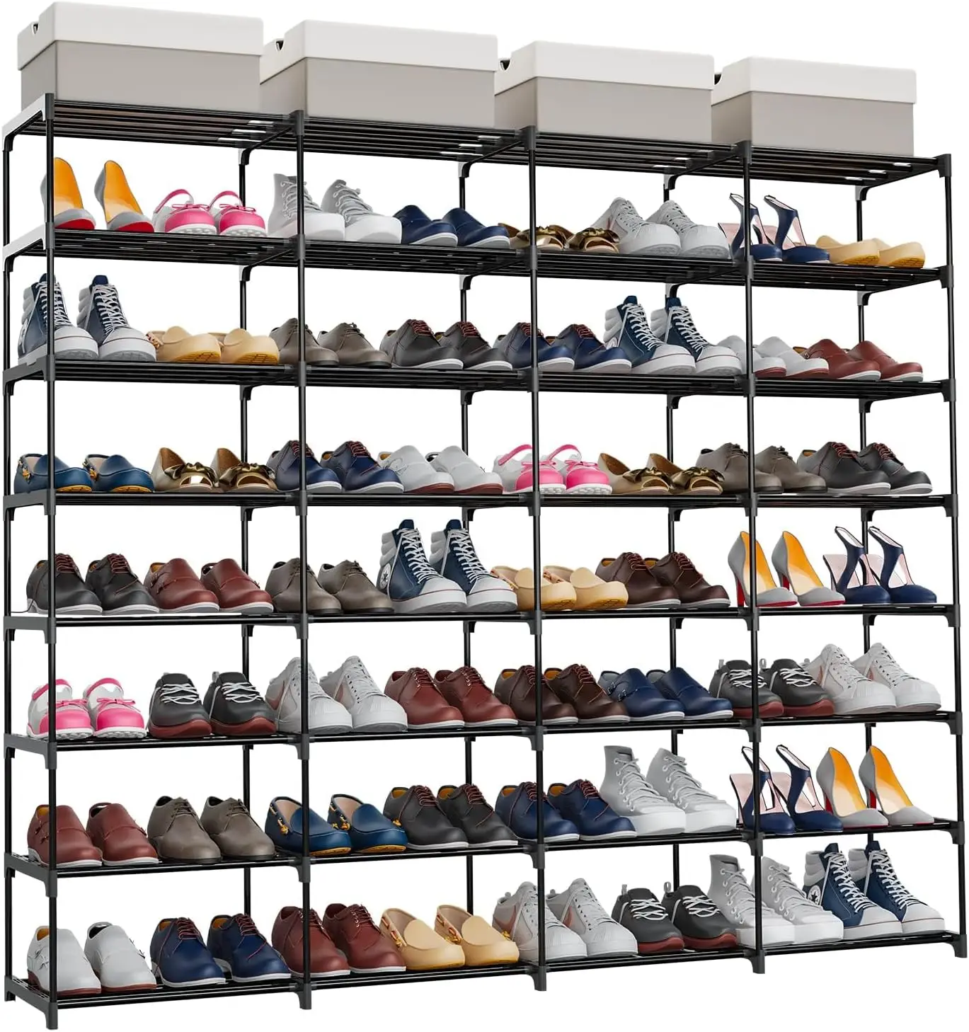 

Large Capacity 4 Rows 8 Tier Shoe Rack, Holds Up to 64 Pairs, Stackable Storage Organizer for Entryway Garage
