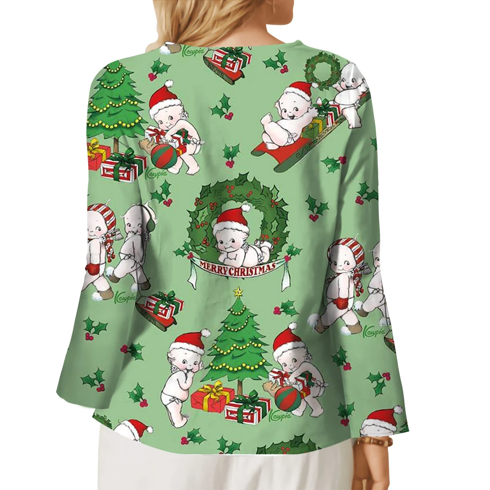 CLOOCL Christmas Blouse Women Buttons T-Shirt Baby Christmas Tree Wreath Print Tee New Fashion Casual Female Long Sleeve Tops