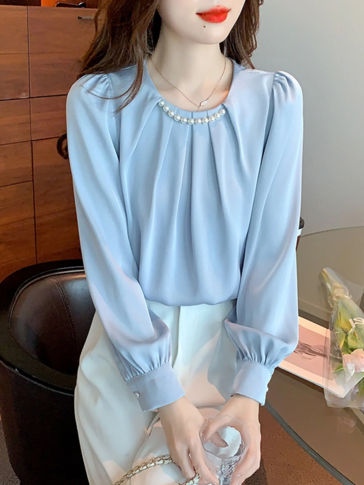 Ele round Ne Long Sve Chiffon irt Женский осенне-зимний новый женский топ Trendy Small irt Оригинальный дизайн Lo...