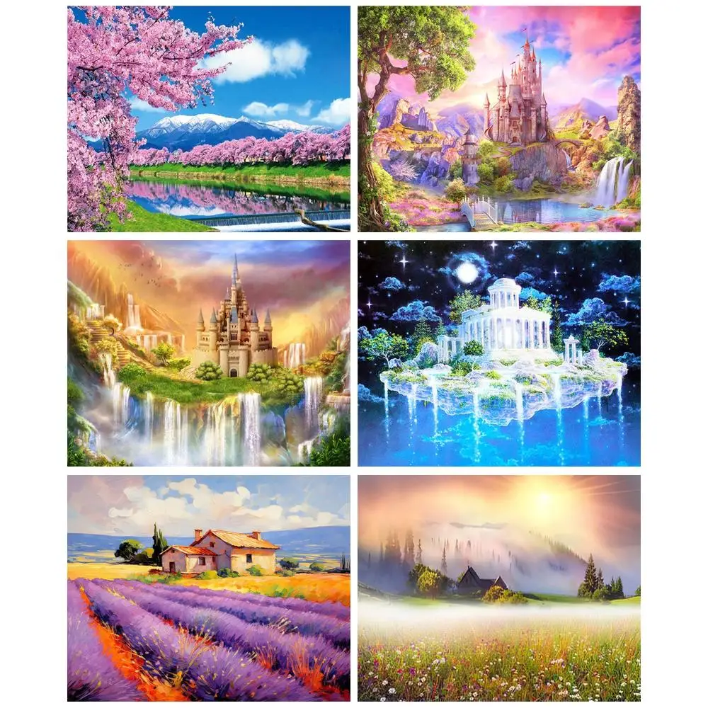 

GATYZTORY 5D Full Round Diamond Painting Flower Diamond Embroidery Lavender Landscape Rhinestones Pictures Crafts Kit