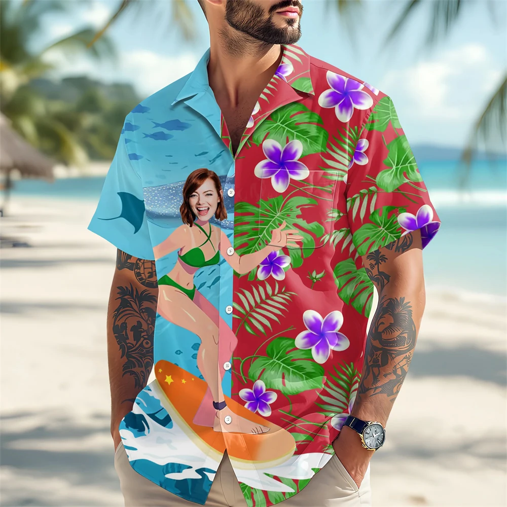 2026 Men Hawaiian Shirt 3D Surf Girl Print Short Sleeve Aloha Top Summer Beach Vacation Casual Plus Size Daily Streetwear Blouse