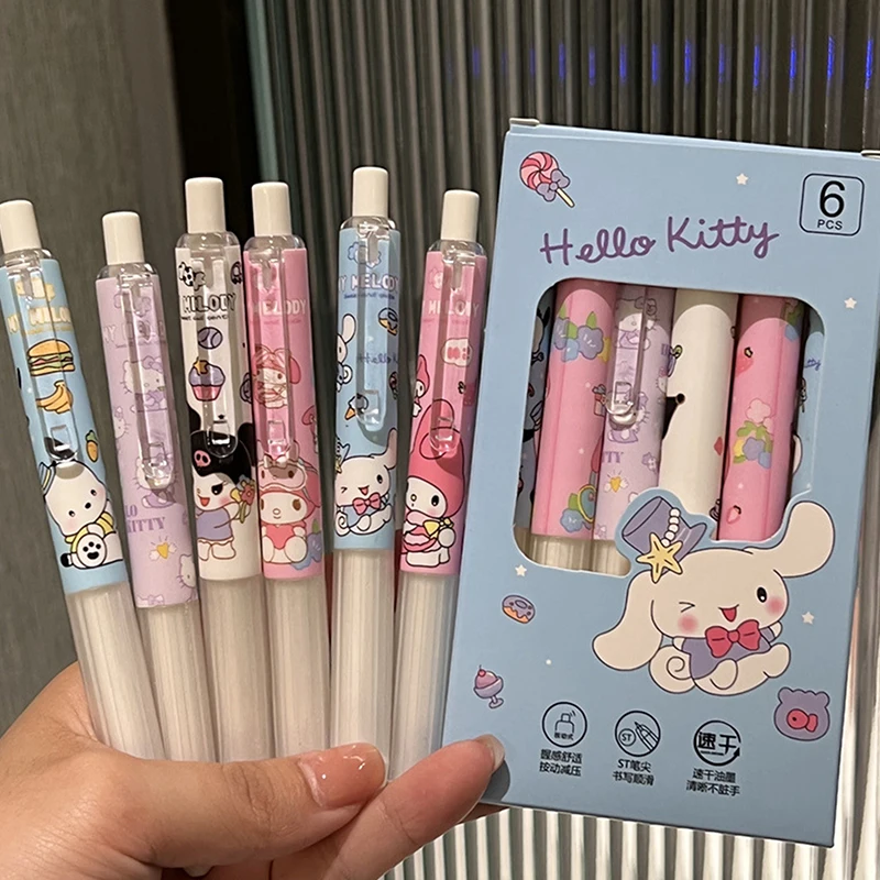 Sanrio Olá Kitty Gel Pen, Bonito Dos Desenhos Animados, Kuromi Melody Cinnamoroll, Alta Aparência, Press Pen, Material Escolar para Meninas, Presente Infantil, 6Pcs